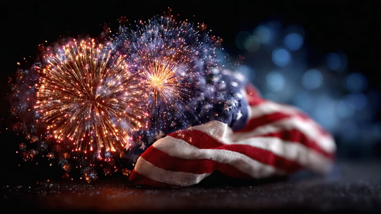 A Vibrant Display of Colorful Fireworks Illuminating the Night Sky Above an American Flag, Celebrating Patriotism and Joyful Gatherings
