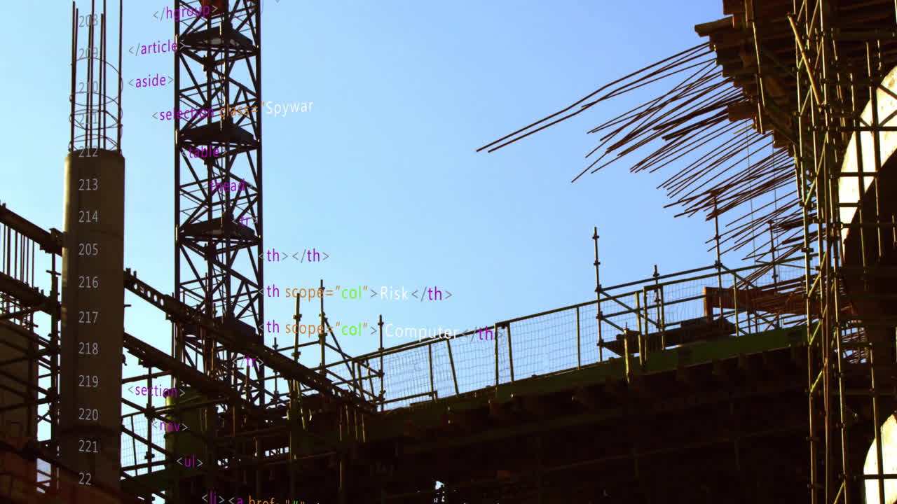 HTML code animation over construction site with scaffolding and crane