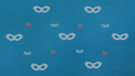 animation of carnival mask repeated on blue backgroud