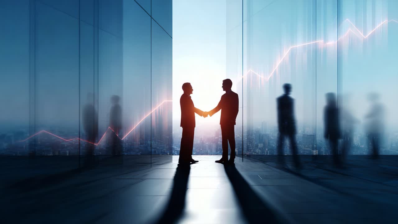 Business Professionals Engaging in a Firm Handshake Amidst a Dynamic Urban Skyline with a Rising Graph, Symbolizing Growth and Successful Partnerships in a Modern Corporate Environment