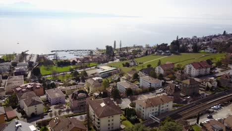 Drone-aerial-view-of-the-geneva-lake-view-from-Lausanne,-Switzerland