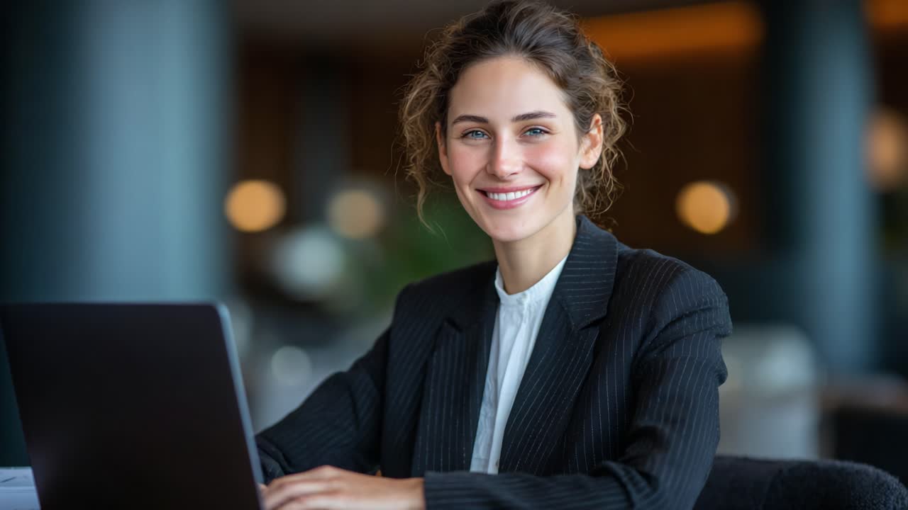 Una professionista sorridente mentre lavora al suo portatile, che cattura l'essenza della sicurezza e della dedizione in un ambiente di lavoro moderno