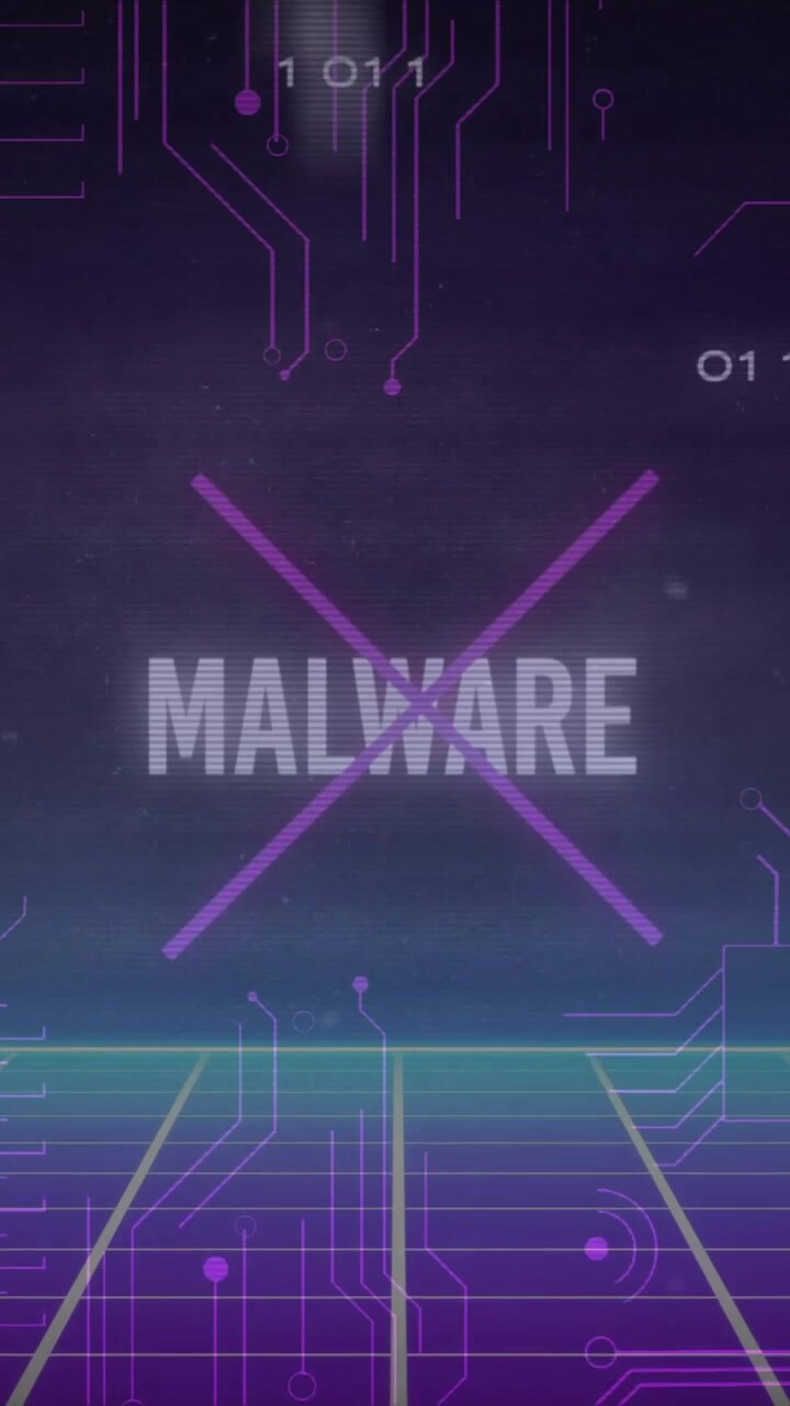 Animation af malwaretekst med et computerkredsløb og databehandling på sort baggrund.