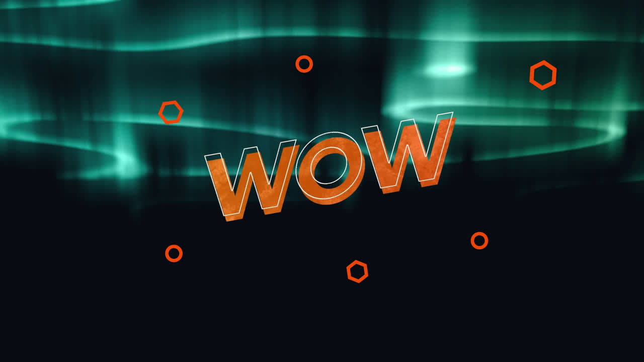 구름이 많은 밤 하늘과 북극광 위의 와우 텍스트의 애니메이션