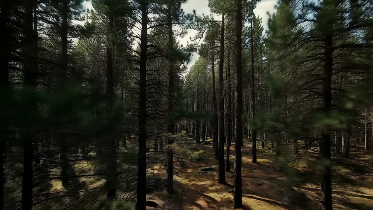 Camera in movimento che inizia con una carrellata in avanti all'interno di una fitta pineta, rivelando la profondità, i tronchi e il letto di muschio