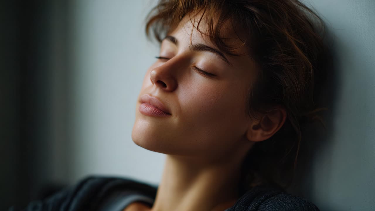 Capturing Serenity: A Portrait of a Young Woman in Tranquil Reflection with Eyes Closed, Embracing a Moment of Peace and Relaxation Against a Soft Background