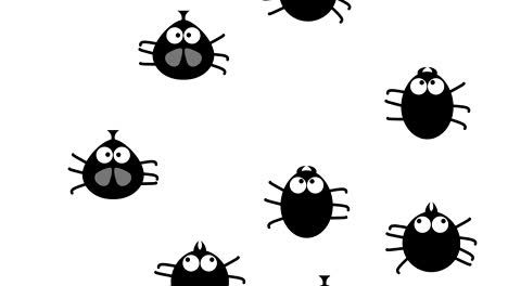 funny black insects creep up on white, 2d animated cartoon, seamless loop