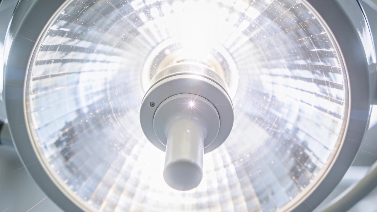 Lampada chirurgica che si abbassa e si avvicina in sala operatoria dopo aver girato la maniglia per l'intervento, con il riflettore che lampeggia.