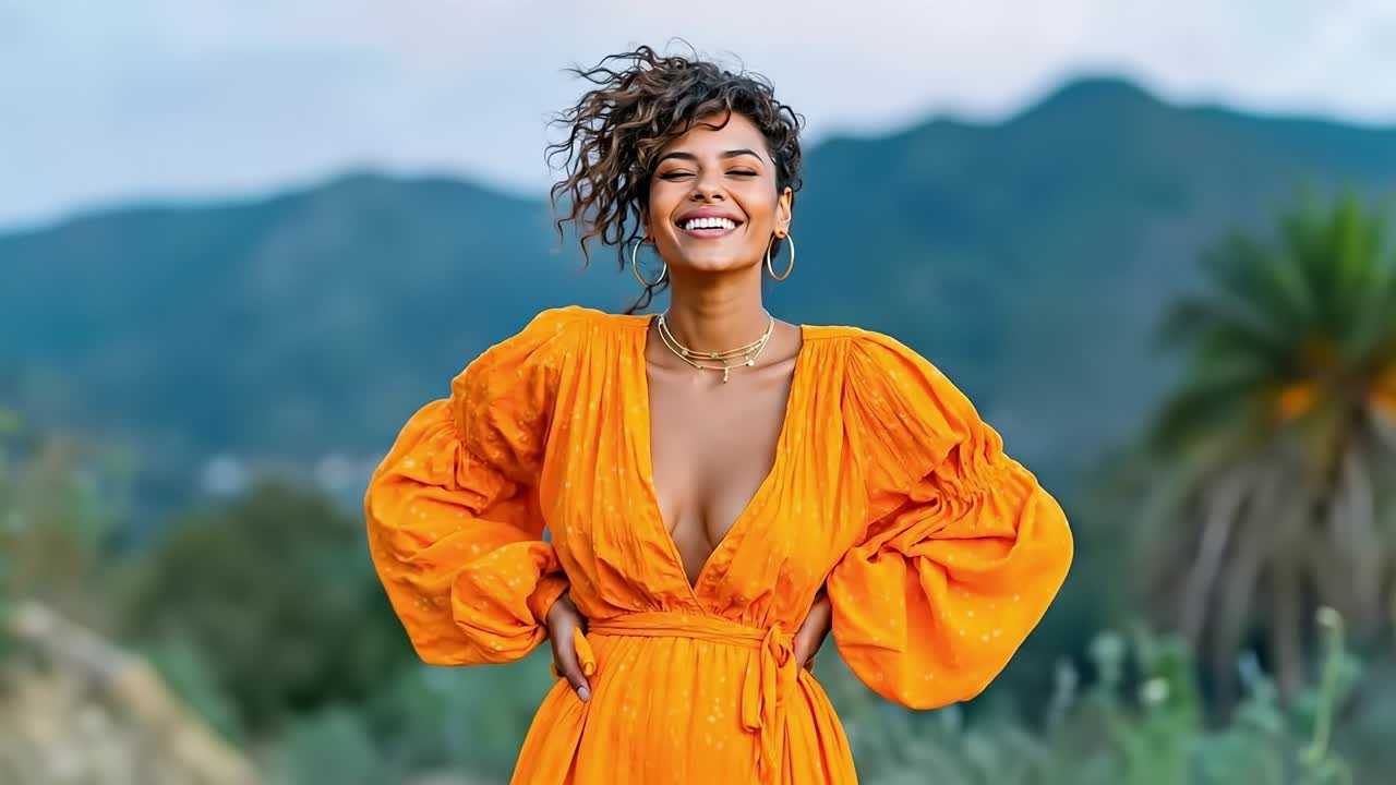 오렌지색 드레스 를 입은 여자 가 사진 을 찍기 위해 포즈 를 취하고 있다