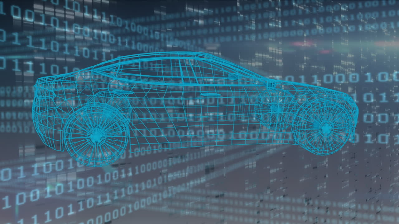 블루 스페이스에서 데이터 처리 위에 회전하는 자동차 프로젝트의 애니메이션