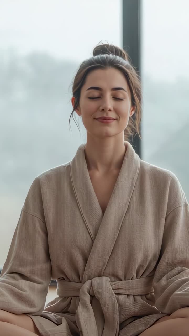 Vertical video: Meditating woman sitting legs crossed at home by window seeking calm in beige robe