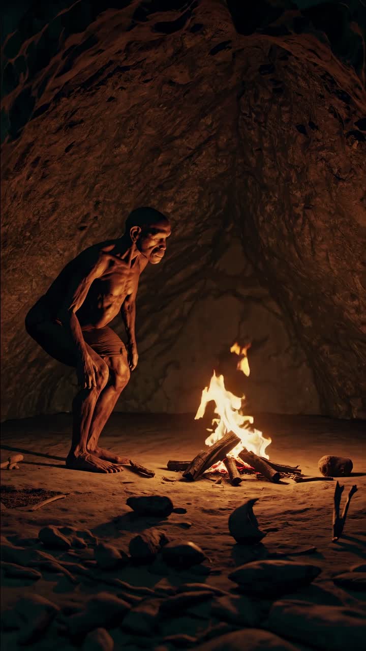 A low-angle video concept of a prehistoric man crouching by a campfire in a dimly lit cave