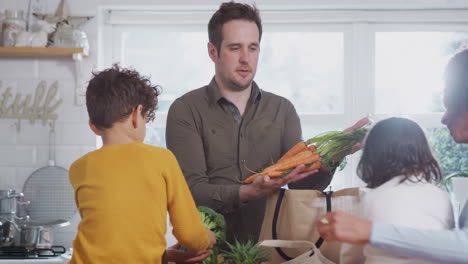 familia volviendo a casa de un viaje de compras usando bolsas de plástico libres desempaquetando comestibles en la cocina