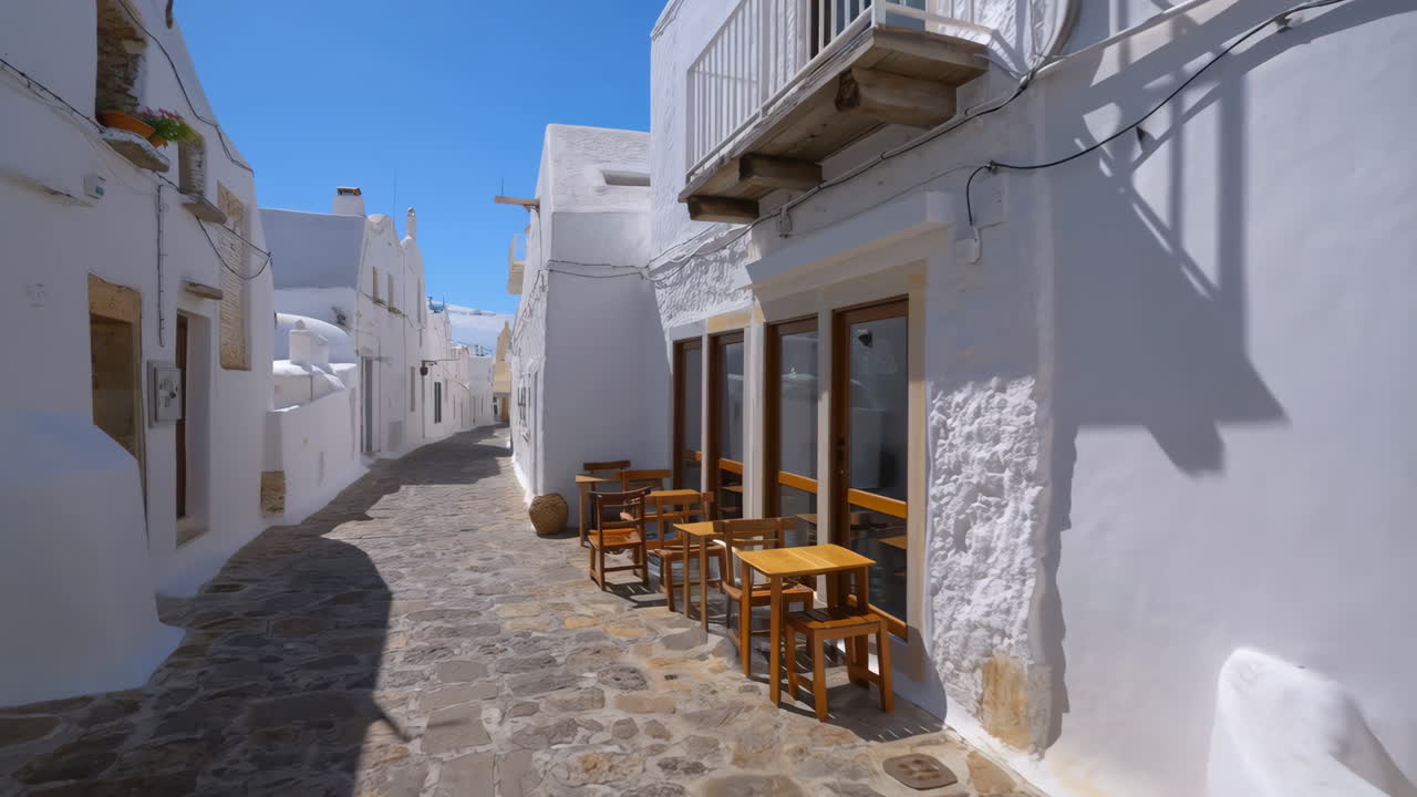 A charming cobblestone alleyway lined with white-washed buildings and outdoor cafe seating under a clear blue sky