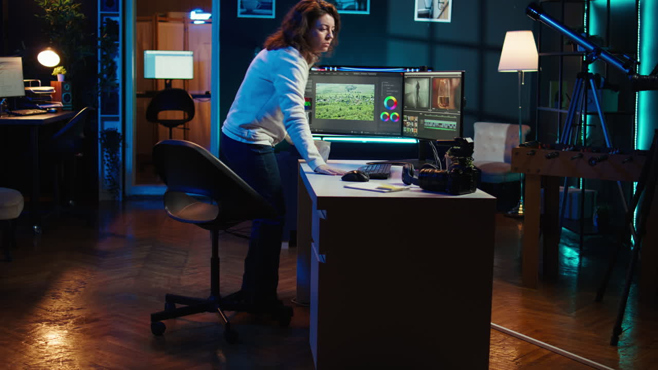 Post production studio employee starts shift in creative office