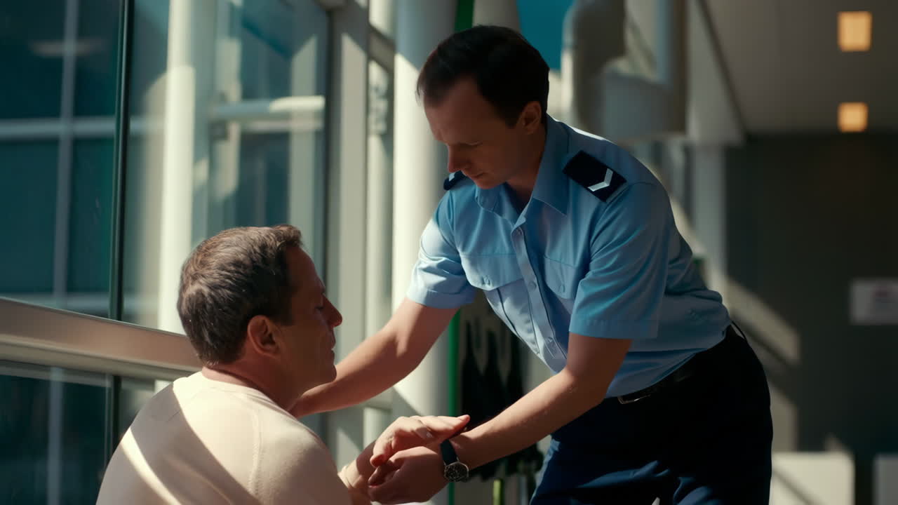 An officer consoles a man in an indoor setting