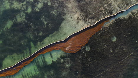 floating seaweed barrier holding brown algae from spreading, overhead