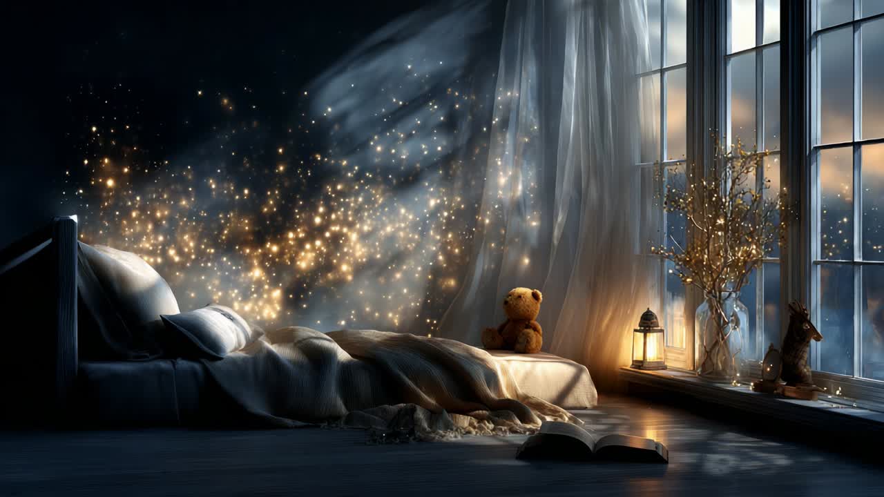 A Whimsical Bedroom Scene Crafted for Dreamers, Where a Cozy Bed Meets Soft Fabrics, Glimmering Fairy Lights, and a Touch of Childhood Nostalgia with a Teddy Bear and Gentle Glow from a Lantern