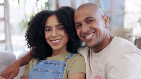 Love,-face-and-couple-relax-in-a-living-room