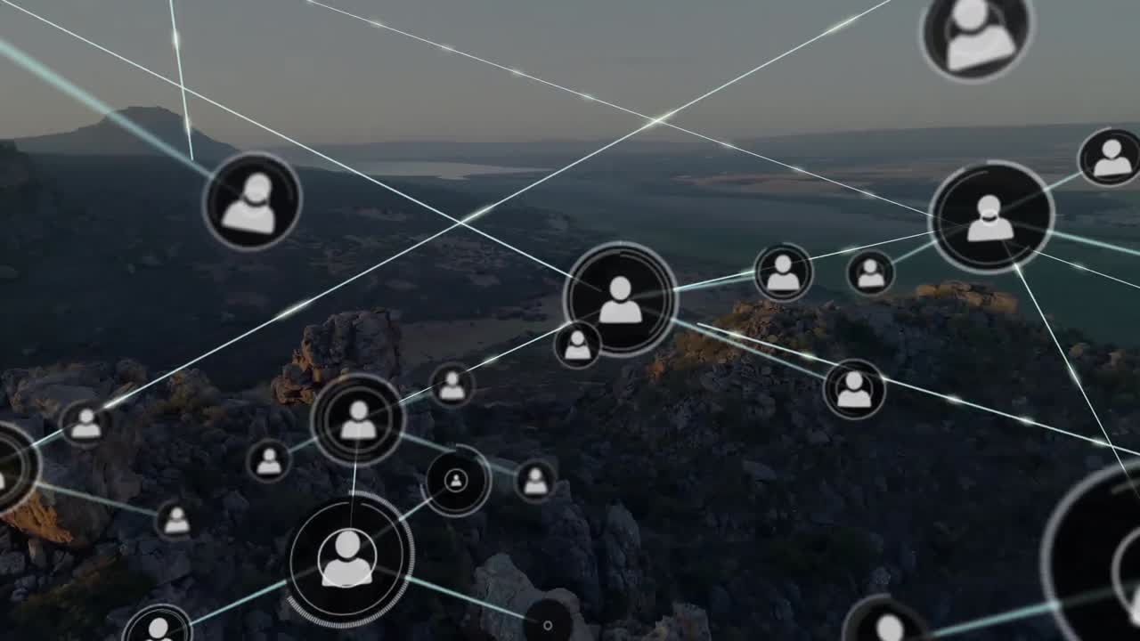 animación de la red de conexiones con iconos sobre el paisaje urbano