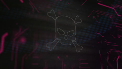 skull and crossbones animation over dark digital background with binary code