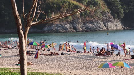 crowded beach scene with active visitors