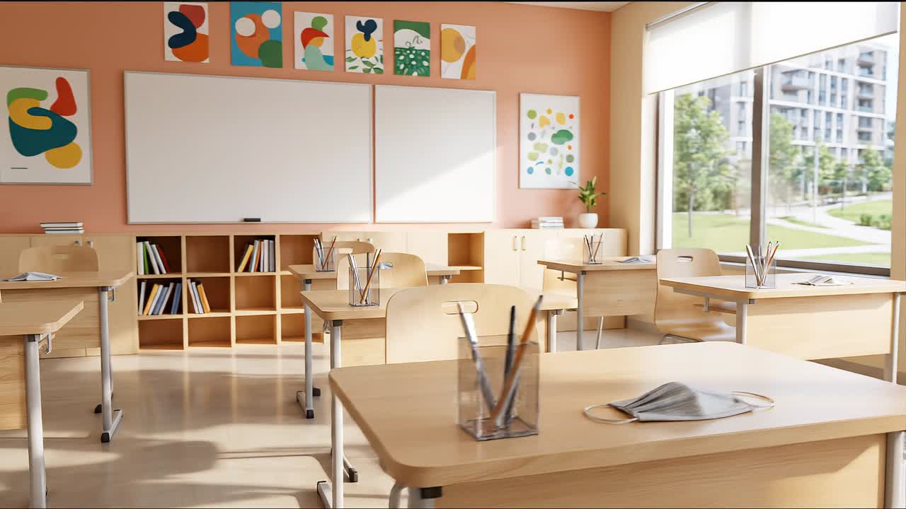 Sala de aula colorida com carteiras, lápis e ferramentas de aprendizagem arrumados em um ambiente educacional moderno e luminoso
