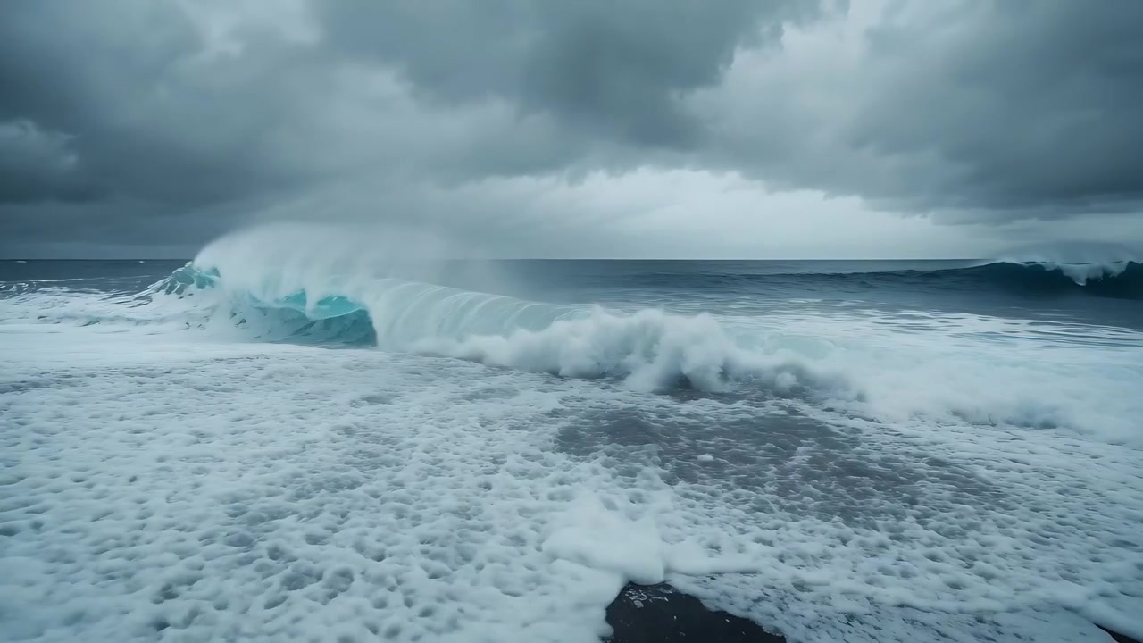 Crashing breaking wave sending white spray and foam across black shoreline, storm driving swells