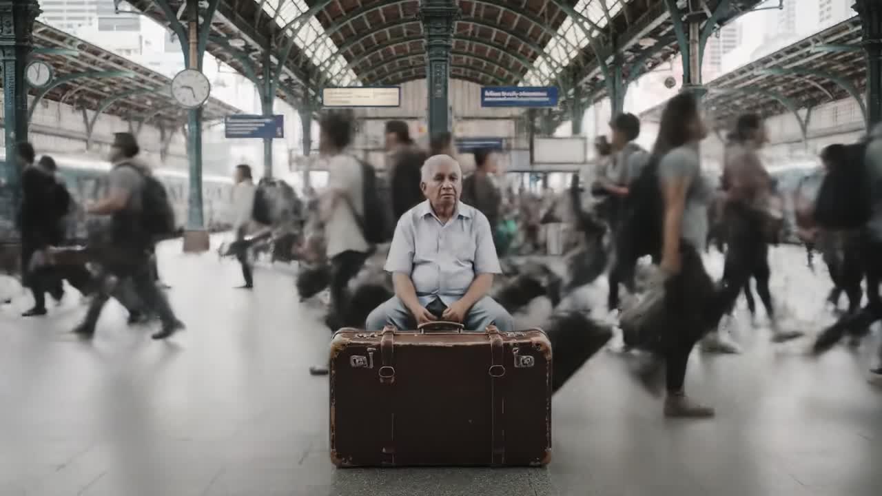 A man sits calmly on an old suitcase in a bustling train station while numerous travelers rush by. The scene captures the contrast between his stillness and the fast-paced environment.