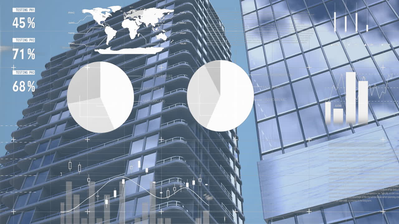 현대적인 건물에서 금융 데이터 처리의 애니메이션