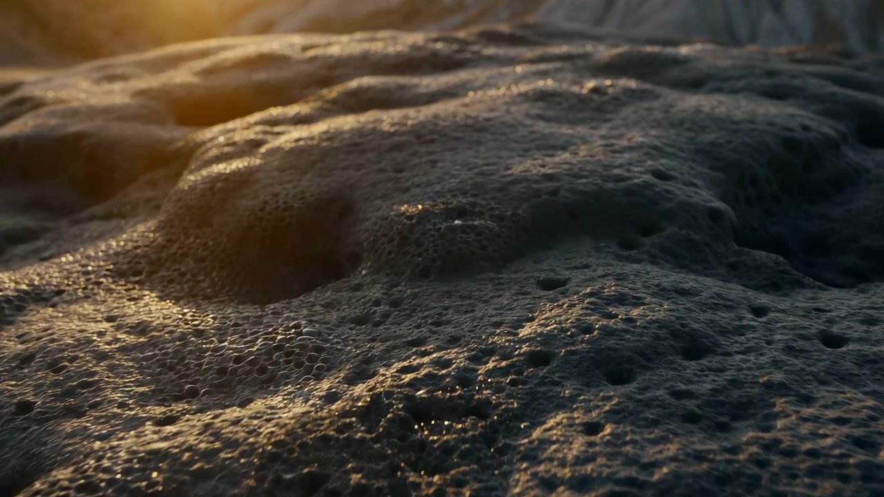 Low-angle view of dense sea foam over rocky shoreline at sunset, with coarse bubbles, glossy wet patches, shallow pools, layered white mounds, warm rim light, and moody marine texture