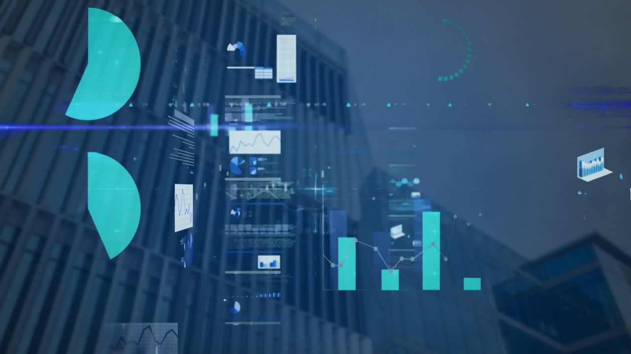 Animation af statistisk databehandling mod lavvinkelbillede af høje bygninger.