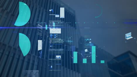 animación del procesamiento de datos estadísticos frente a una vista de ángulo bajo de edificios altos