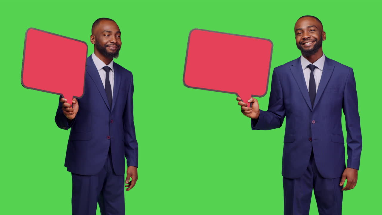 Two African American men holding speech bubbles