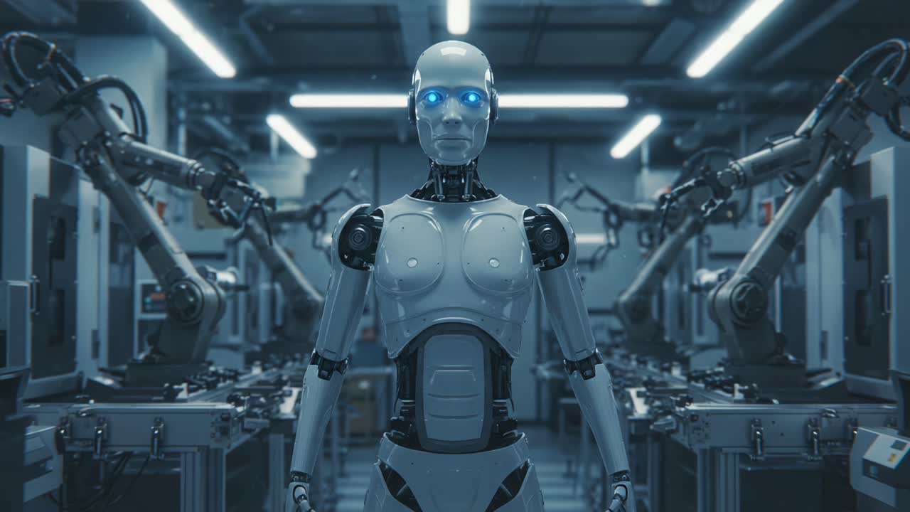 A humanoid robot stands confidently in a modern industrial setting, surrounded by robotic arms, showcasing advanced technology and artificial intelligence in a futuristic workspace