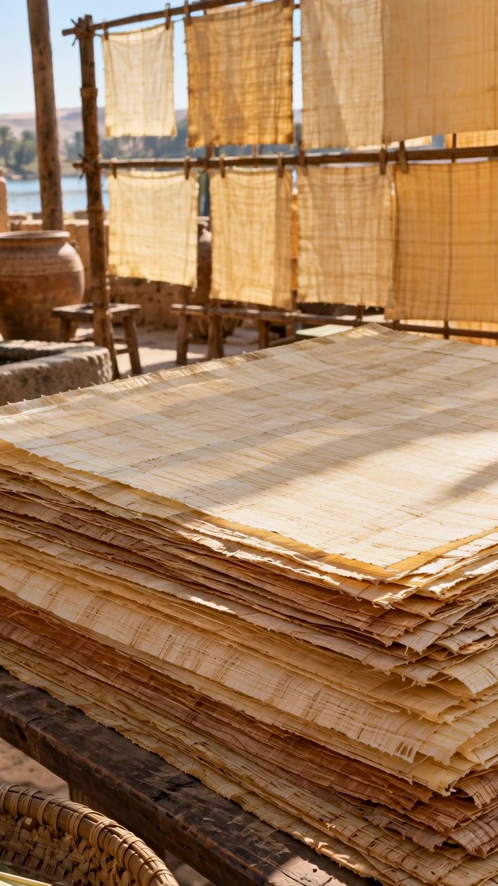 Un avvicinamento lento rivela le fibre incrociate e i bordi irregolari di carta color oro pallido impilata all'aperto, mentre la luce del sole filtra attraverso i fogli appesi su rastrelliere di legno accanto a ceramiche e un cesto intrecciato.