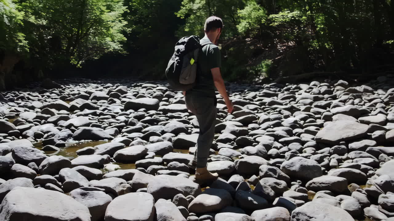 Hiking through a rocky riverbed in the forest