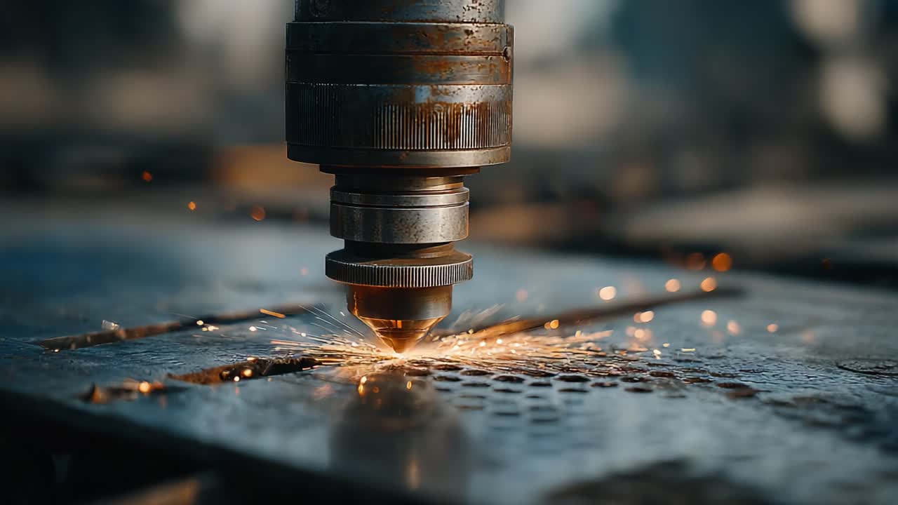 Precisionsprocess för metallskärning med avancerad laserteknik: En närbild av gnistor och utrustning i arbete
