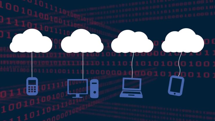 Animation of cloud icons and data processing over dark background
