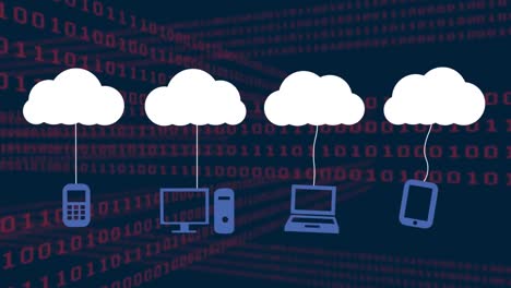 Animation of cloud icons and data processing over dark background