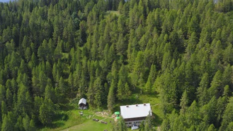 drone revealing shot of a cabin surrounded by forest