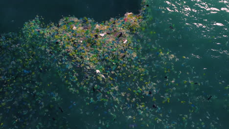 aerial top down, ocean water polluted with plastic ocean trash floating on surface
