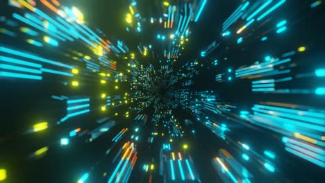 fly through technology cyberspace with neon glow. sci-fi flight through hi-tech technology tunnel. hologram and neon light. 3d looped seamless 4k bright background. data flow