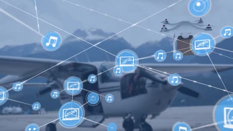 Animation-of-network-of-connections-with-icons-over-drone-carrying-parcel