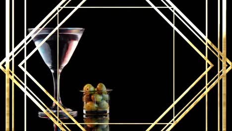 Animation-Eines-Musters,-Das-Sich-über-Ein-Cocktailglas-Mit-Oliven-Auf-Schwarzem-Hintergrund-Bewegt