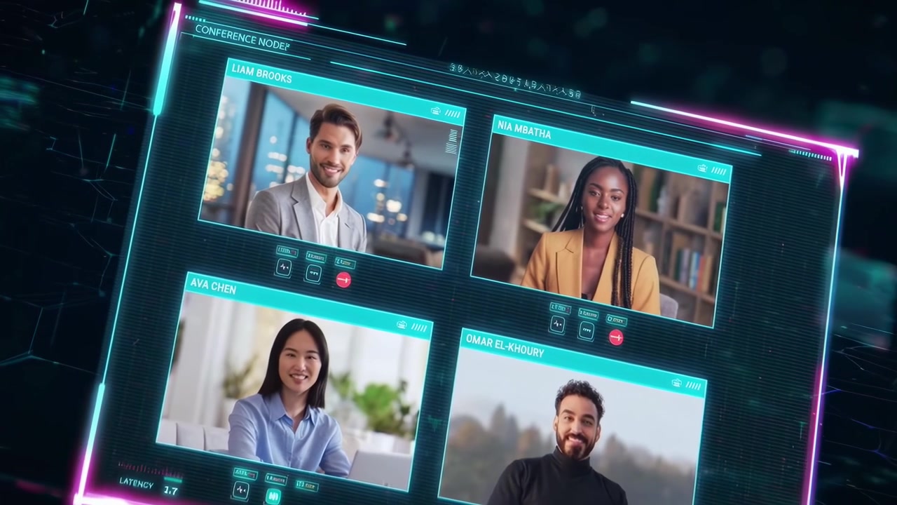 Videoconferenza globale su un'interfaccia digitale futuristica