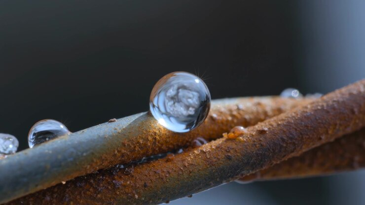Freezing large droplet forming spiky ice cluster on rusted wire as tiny frost granules emerging