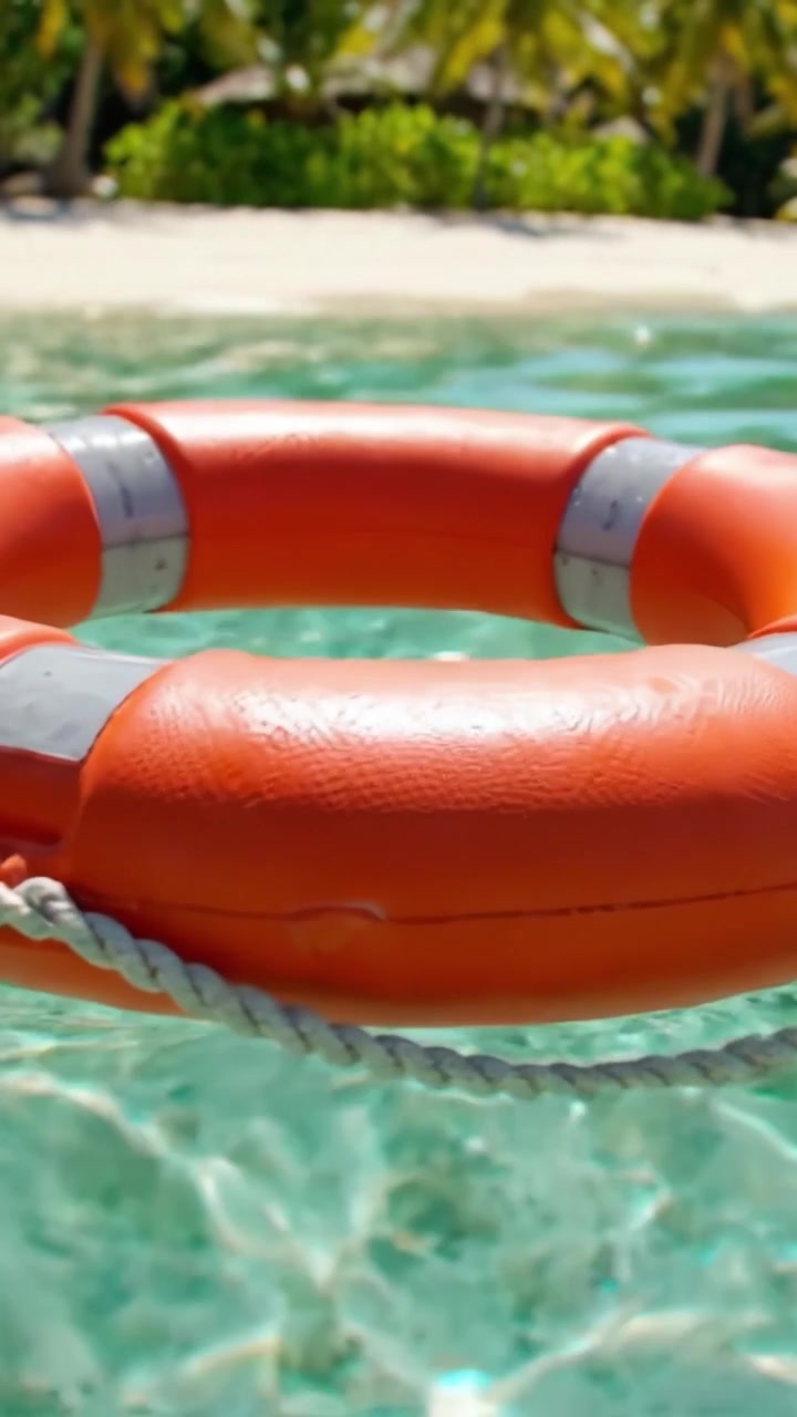Vibrant Orange Lifebuoy Floating in Crystal Clear Water at a Tropical Paradise Beach, Symbolizing Safety and Summer Relaxation