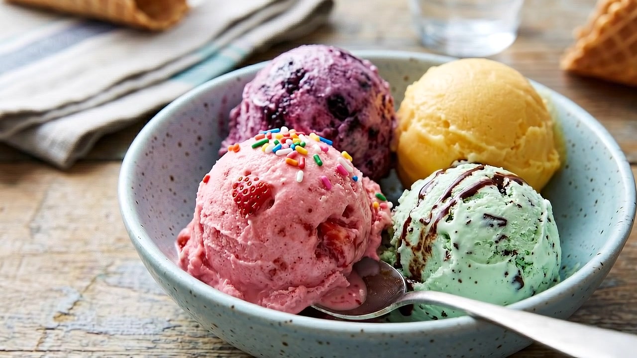 Ciotola di gelato artigianale con gusti assortiti, con palline di frutti di bosco e pistacchio.