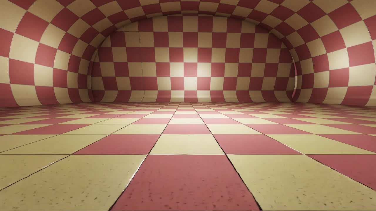 La telecamera si allontana rivelando una camera curva a scacchi rossi e crema a livello del pavimento, mostrando un punto luminoso posteriore.